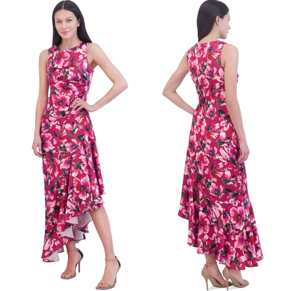 ELIZA J EJM3228 MAGENTA PINK FLORAL RUFFLED HIGH LOW A-LINE MIDI DRESS